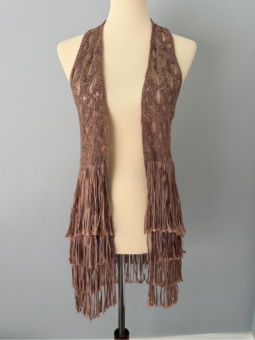 Calypso St. Barth Macramé Fringe Vest Rose Gold Metallic Boho Artisan O/S